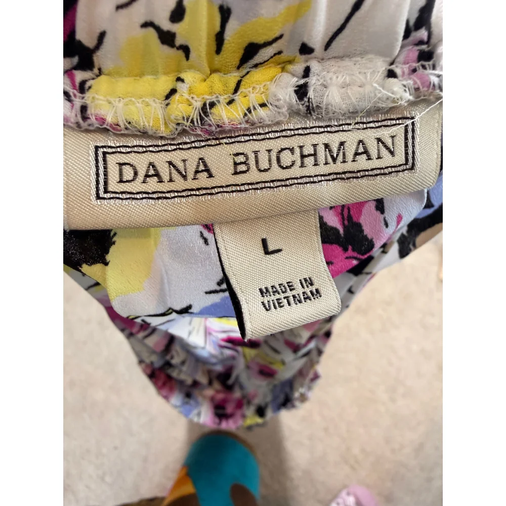 Womens DANA BUCHMAN Midi Skirt L White Floral Pleated Romantic Breezy Artsy Airy